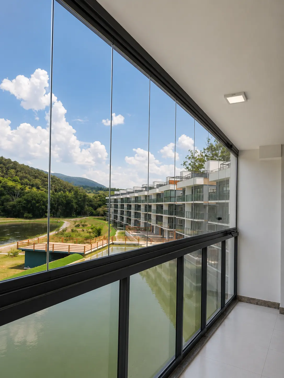 Corredor envidraçado com esquadrias de alumínio preto, com vista para área verde e lago